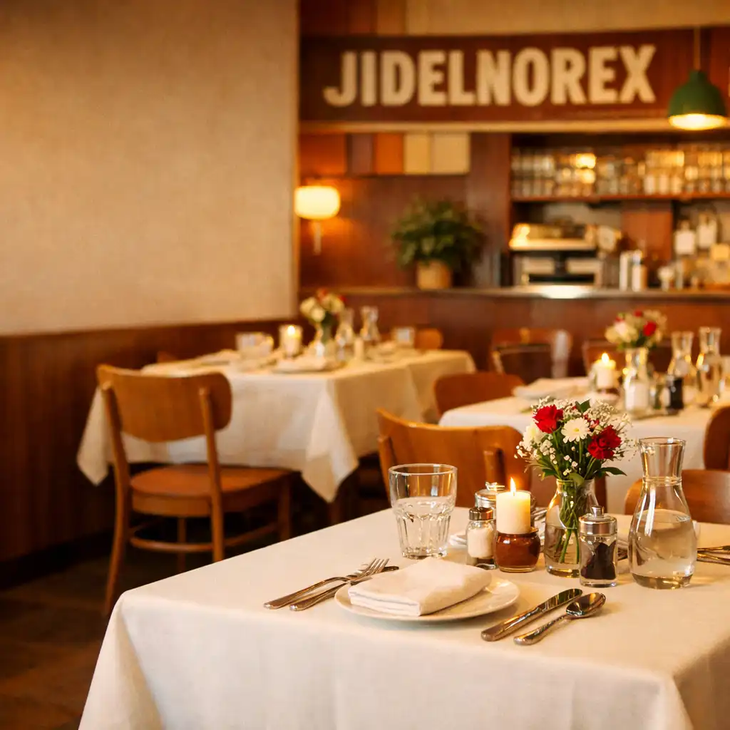 Prostřené stoly v restauraci JIDELNOREX s teplým osvětlením a dřevěnými židlemi