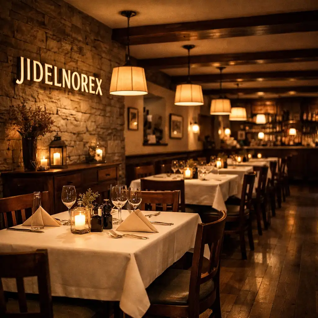 Teplý interiér restaurace JIDELNOREX s dřevěnými stoly a geometrickými dekoracemi