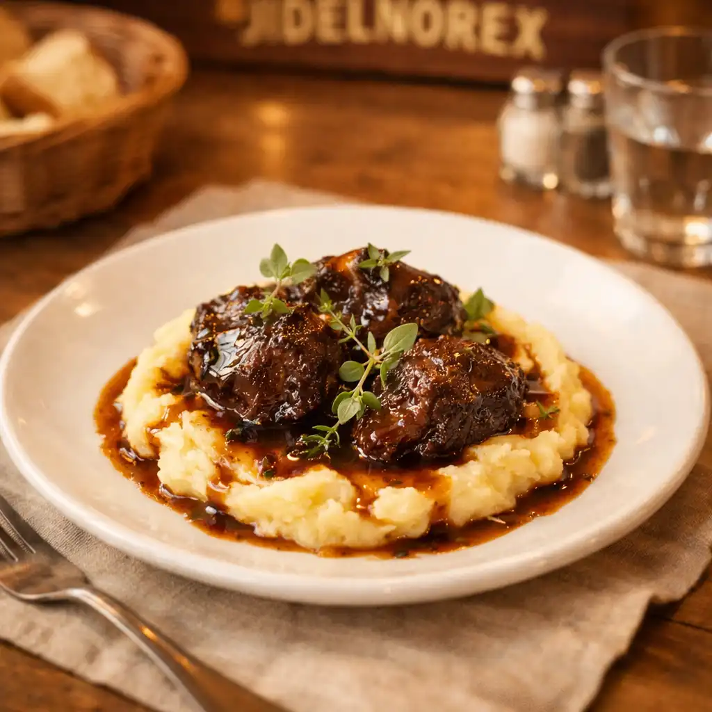 Hovězí líčka s bramborovou kaší a čerstvými bylinkami na talíři v restauraci JIDELNOREX