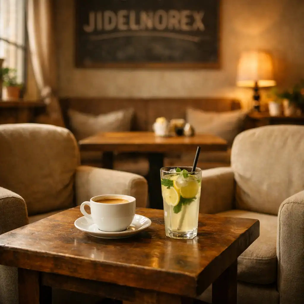 Útulný salon JIDELNOREX s pohodlnými křesly, dřevěným stolkem, šálkem kávy a domácí limonádou